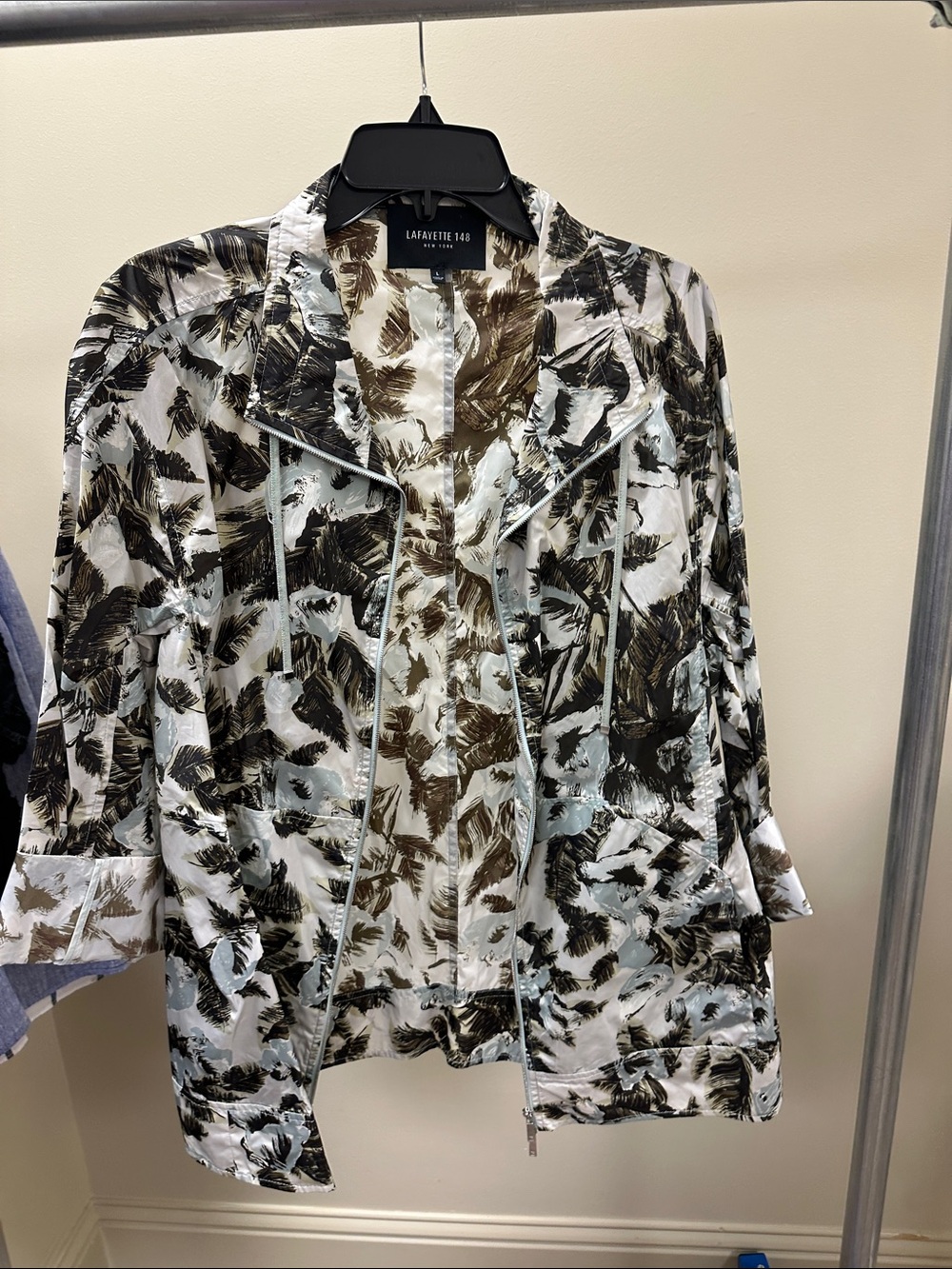 Lafayette 148 New York Feather-Print Utility Jacket in White, Black & Brown